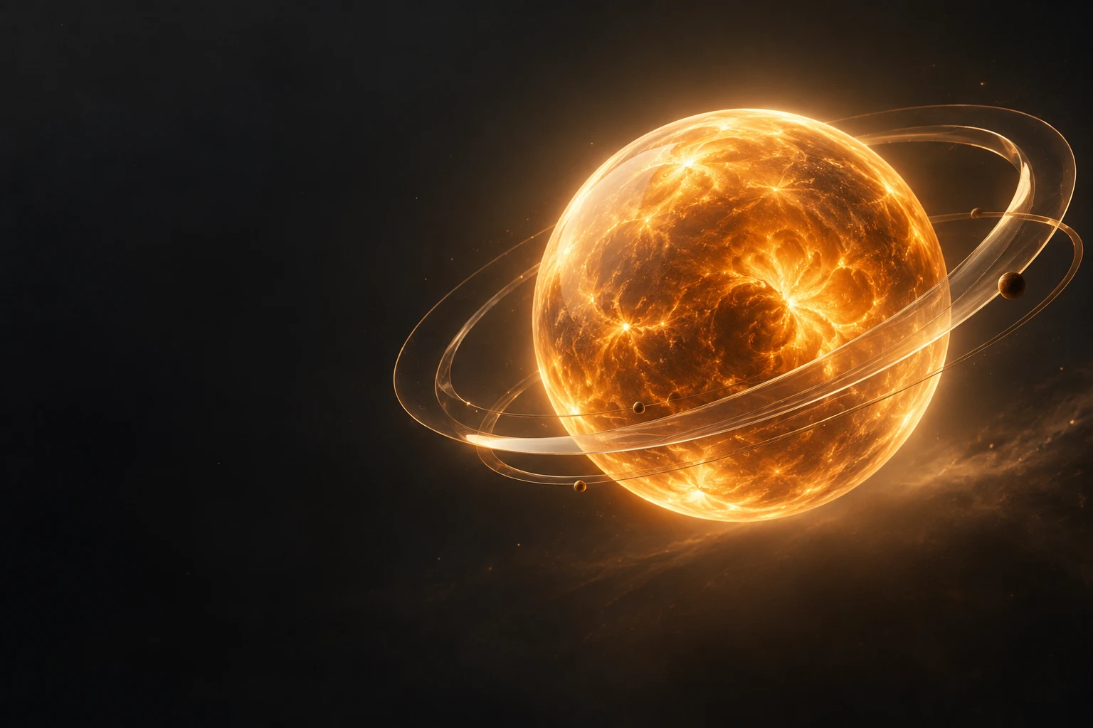 Esfera solar âmbar com órbitas translúcidas